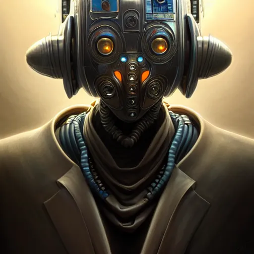 Image similar to front shot of a cyberpunk gazmask robot character, intricate, elegant, highly detailed, centered, digital painting, artstation, concept art, smooth, sharp focus, illustration, artgerm, Tomasz Alen Kopera, Peter Mohrbacher, donato giancola, Joseph Christian Leyendecker, WLOP, Boris Vallejo