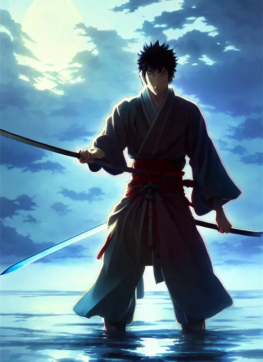 Image similar to Anime samurai water swordman, dark light night, sharp focus, digital painting, concept art, d&d, art by ufotable and Artgerm and Greg Rutkowski and Alphonse Mucha