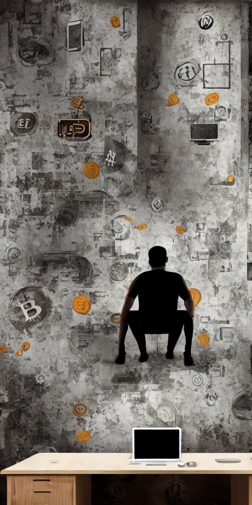 Prompt: typical cryptocurrency nerd, bitcoin decals on wall, sitting in front of the computer, shilling, dark basement decay, fat and dirty, scruffy looking, claustrophobia, humidity in walls, award - winning photomanipulation