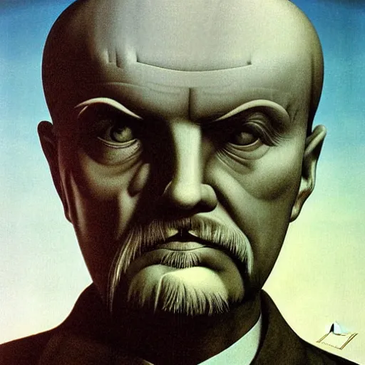 Image similar to portrait of Vladimir Lenin ghost by Zdzisław Beksiński, irwin penn, Giorgio de Chirico, realistic, digital art, dark, moody, gloomy