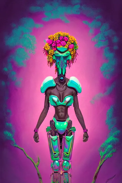 Image similar to illustration lowbrow cinematic super expressive! yoruba goddess with exoskeleton armor, merging with tree in a forest, pink yellow flowers, highly detailed digital art masterpiece, smooth etienne sandorfi eric zener dramatic pearlescent soft teal light, ground angle uhd 8 k, sharp focus