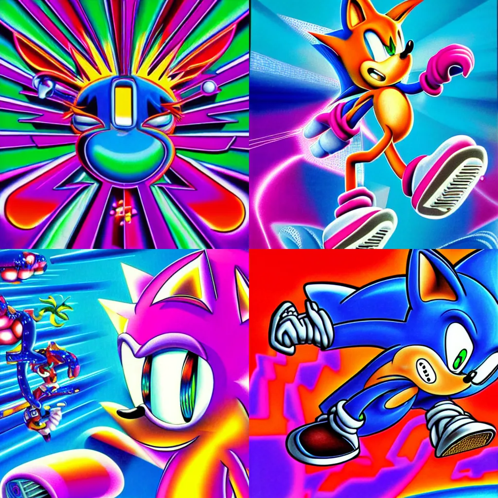 Prompt: surreal, sharp, detailed professional, high quality airbrush art album cover of 1990s vaporwave LSD techno-spiritualism in the vague shape of classic sonic the hedgehog, blue checkerboard background, 1990s 1992 Sega Genesis box art, Sonic