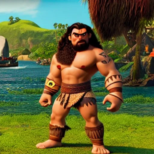 Image similar to kratos fighting with moana rendered by disney