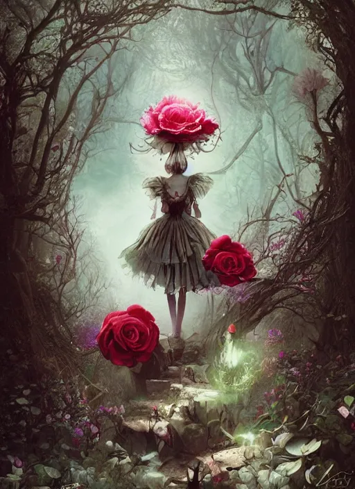 Image similar to Alice in Wonderland,roses,highly detailed,cinematic,8k,by Stanley Artgermm,Tom Bagshaw,Greg Rutkowski,Carne Griffiths, Ayami Kojima, Beksinski, Giger,trending on DeviantArt,hyper detailed,horror, full of colour