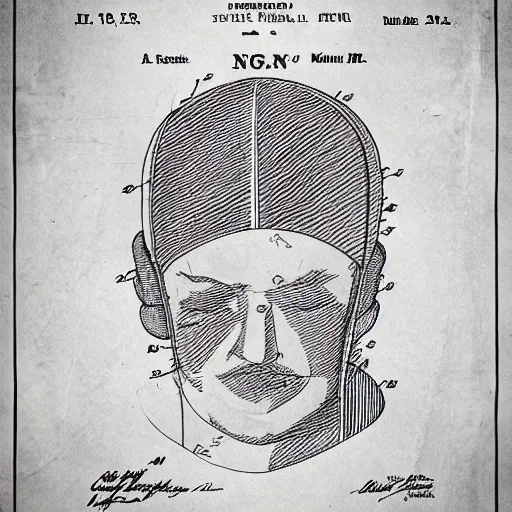 Prompt: patent drawing of a sleeping man in a nightcap with lots of labels. technical drawing. mathematical.