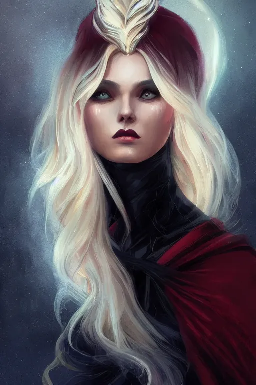 Prompt: beautiful wicked female occultist, sweeping ombre blonde hair, red eyes, portrait, high cheekbones, Victorian, black velvet dress, dark colors, magic Amulet, fantasy painting, trending in Artstation, GSociety, by Charlie Bowater, Brom, Bastien Lecouffe-Deharme