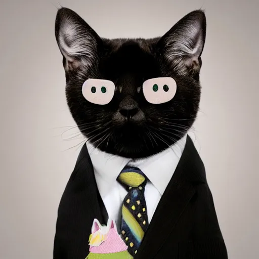 Image similar to photo of a cat with a snarky smile, he has a unicorn on his forehead and he is wearing a suit