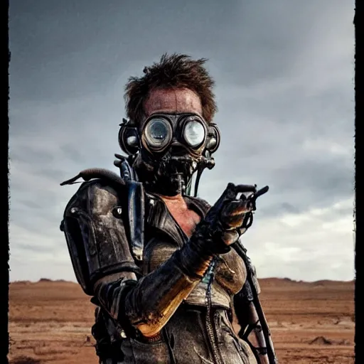 Image similar to ant humanoid mechanic, post-apocalyptic, mad max style, Total Recall style, symmetric, by David Lazar and Annie Leibovitz 500px photos, top cinematic lighting , cinematic mood, very detailed, shot in canon 50mm f/1.2