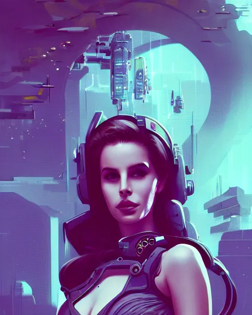 Image similar to portrait of lana del rey as a cyberpunk cyborg. roses, sci - fi, missing panels, intricate abstract upper body intricate artwork, by tooth wu, wlop, beeple, dan mumford. concept art, octane render, deviantart, greg rutkowski, cinematic, key art, hyperrealism, iridescent accents