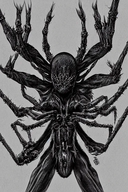 Image similar to spider humanoid figure monster, symmetrical, highly detailed, digital art, sharp focus, trending on art station, kentaro miura manga art style