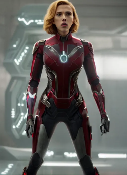 Prompt: scarlett johansson, standing, hero pose, wanda, ultron, film still