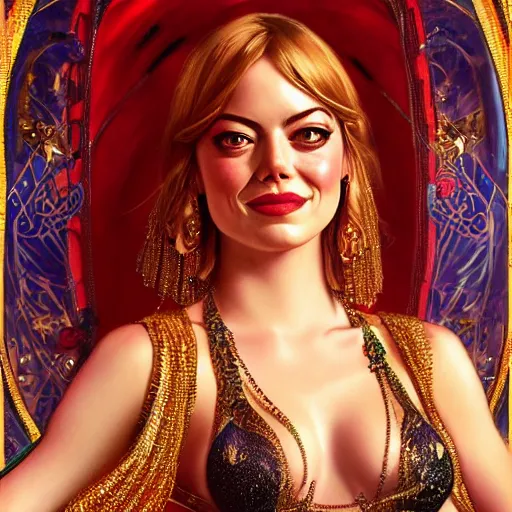 Image similar to a portrait of emma stone dressed as a belly dancer, arabian night, high quality, fully detailed, 4 k, in focus sharp face with fine details, realistic hand details and anatomy, inspired by belly dancer shakira on youtube, by artgerm and greg rutkowski and alphonse mucha, masterpiece, stunning, artstation