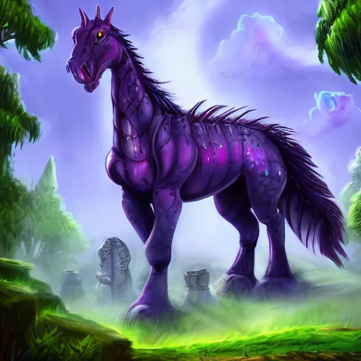 Prompt: violet fantasy crocodile horse hybrid, graveyard background, hearthstone coloring style, epic fantasy style art, fantasy epic digital art