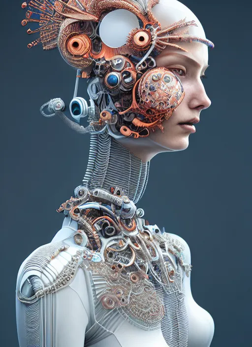 Image similar to portrait of an absurdly beautiful, graceful, sophisticated, fashionable cyberpunk mechanoid, hyperdetailed illustration by irakli nadar and vania zouravliov, matt wisniewski style, intricate linework, white porcelain skin, faberge, coral reef headdress, unreal engine 5 highly rendered, global illumination, radiant light, detailed and intricate environment