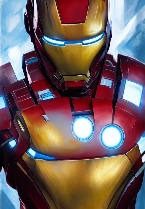 Image similar to iron man portrait close up, highly detailed, science fiction, dark lighting, glowing eyes, art style by klimt and nixeu and ian sprigger and wlop and krenz cushart