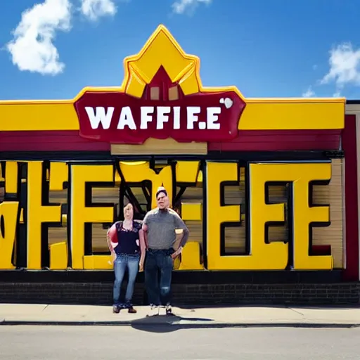 Image similar to wafflehouse employee's standing below wafflehouse sign