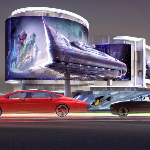 Image similar to sci-fi cars 50% of canvas in center and wall near structure on the coronation of napoleon painting and digital billboard in the middle and everything in style of zaha hadid and suprematism forms unreal engine 5 keyshot octane artstation trending bladerunner lighting ultra high detail ultra photo realistic 8k 16k in plastic dark tilt shift