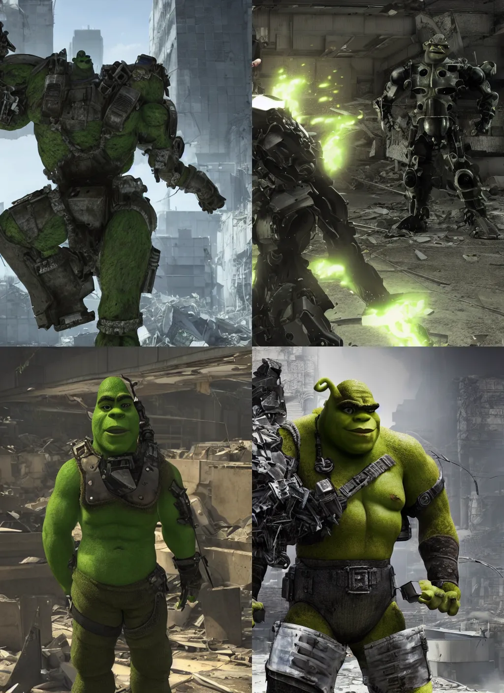 Prompt: character portrait of shrek with a cyborg body in metal gear rising revengeance standing in a destroyed building, in the style of metal gear rising, metal gear, metal gear rising revengeance, shrek, octane render, 8 k, realistic face, ray tracing, ps 5, subsurface scattering, ambient occlusion