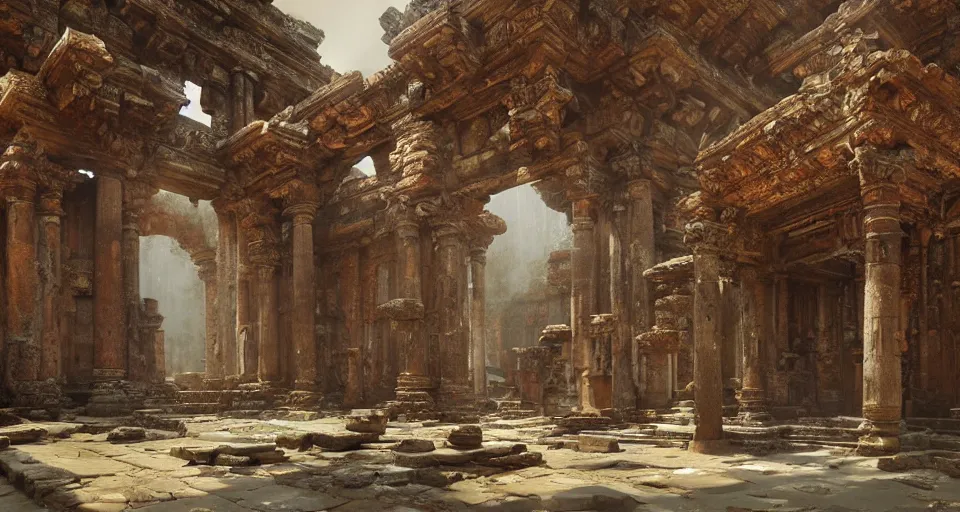 Image similar to ancient temple ruins interior, intricate, elegant, vivid colors, highly detailed, john park, craig mullins, sparth, ruan jia, jeffrey catherine jones