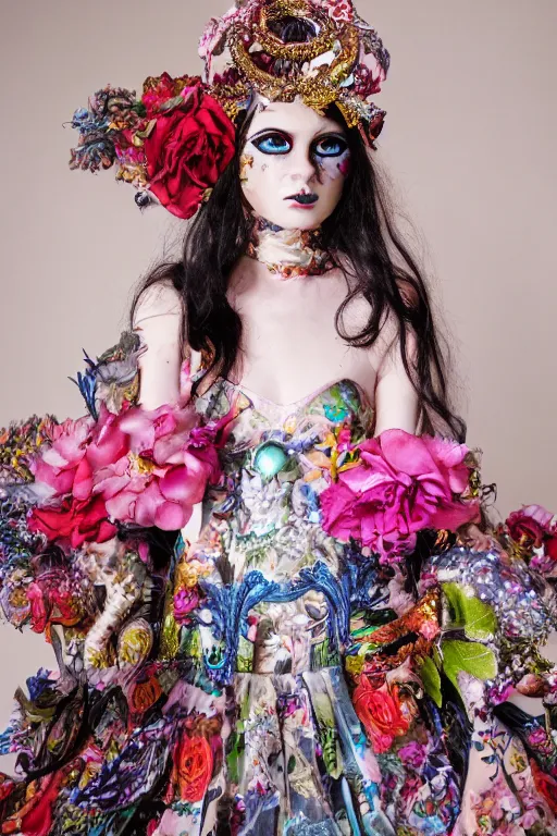 Image similar to ornate cyber avant garde headpiece, spring ritual floral dress, teen girl esoteric fantastical fashion zine