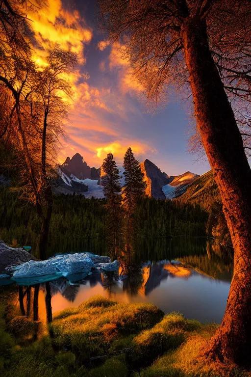 Prompt: a landscape by marc adamus, sunset, glacial, trees, mountain, lake