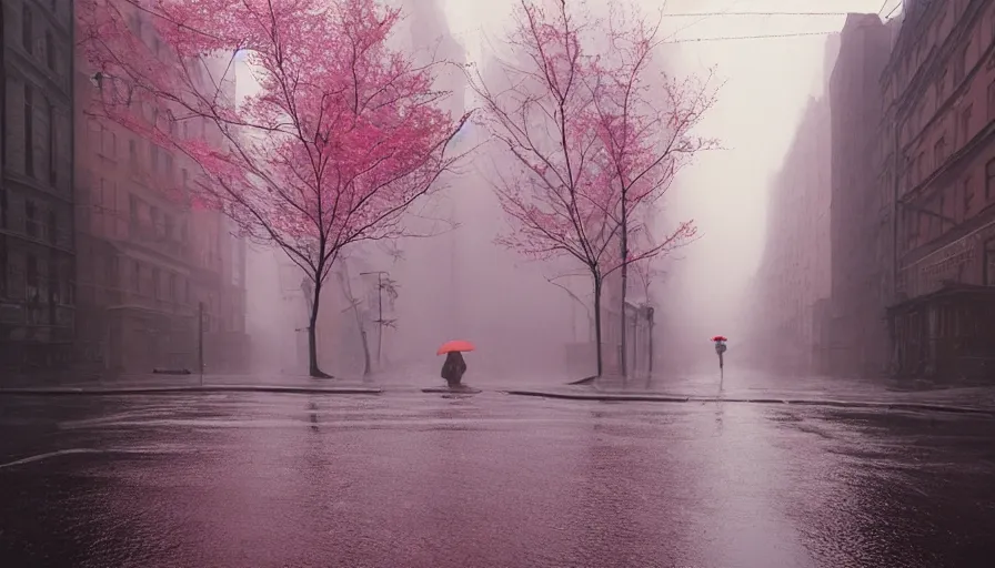 Prompt: gediminas pranckevicius street of new york photography, night, rain, mist, a umbrella pink, cinestill 8 0 0 t, in the style of william eggleston