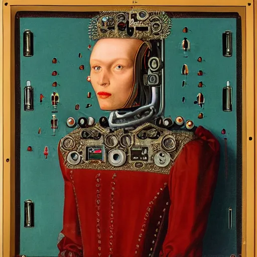 Image similar to a portrait of cyborg queen jacked into a man-machine interface by Jan van Eyck