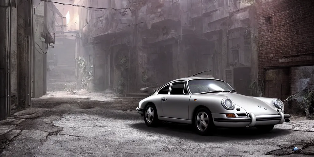 Image similar to a wholesome animation key shot of a focused old silver Porsche car parked in an abandoned alleyway, medium shot, waist up, studio Ghibli, Pixar and Disney animation, sharp, very detailed, high resolution, Rendered in Unreal Engine 5, anime key art by Greg Rutkowski, Bloom, dramatic lighting