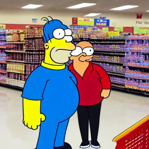 Image similar to peter griffin and homer simpson at a walmart