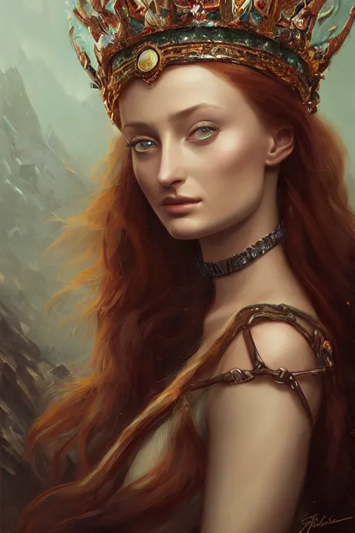 Prompt: beautiful woman _ hq _ matte _ painting _ portrait _ of _ sophie turner _ princess and jeweled crown _ by _ peter _ mohrbacher _ greg _ rutowski