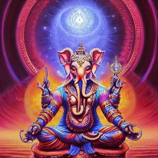 Image similar to artstation, intricate details, hyper details, by gilbert williams, deva ganesha in their palace and sacred realm, eastern mysticism, spiritual alchemy, esoteric, ether, 5 th element, dark energy dark matter, hermetic,