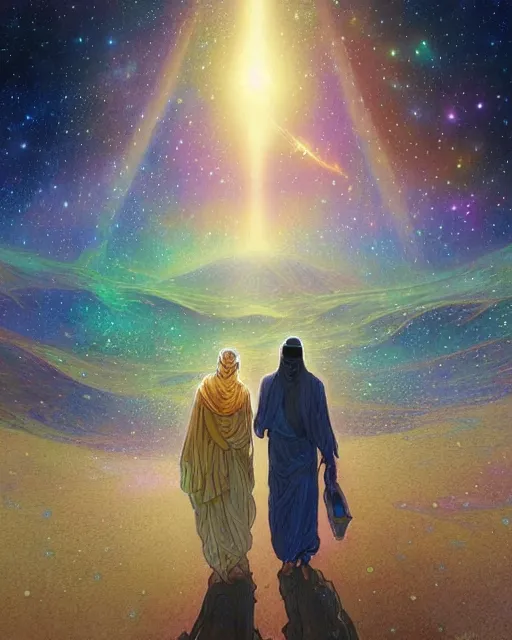 Image similar to bedouin man and woman and child in galaxy walking towards mosque surrounded by nebula, highly detailed, gold filigree, romantic storybook fantasy, soft cinematic lighting, award, disney concept art watercolor illustration by mandy jurgens and alphonse mucha and alena aenami, pastel color palette, featured on artstation