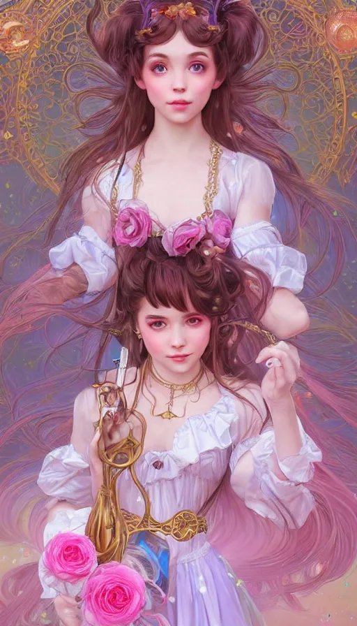 Prompt: portrait of magical lolita girl, dreamy and ethereal, expressive pose, big gold eyes, exciting expression, fantasy, intricate, elegant, many rainbow bubbles, rose tones, highly detailed, digital painting, artstation, concept art, cyberpunk wearing, smooth, sharp focus, illustration, art by artgerm and greg rutkowskiand alphonse mucha