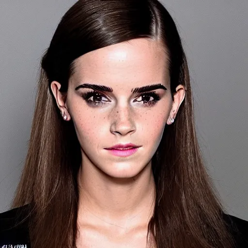 Image similar to a woman who is a genetic combination of emma watson and kim kardashian, face and upper - body focus