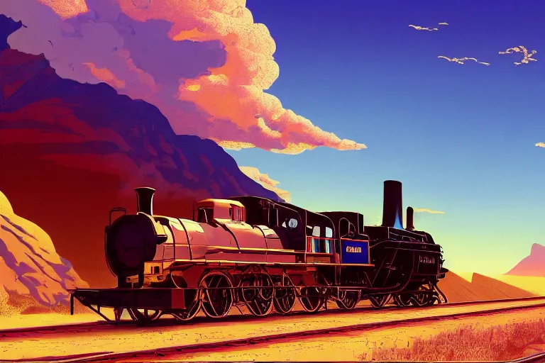 Image similar to idyllic old western train station illustration by syd mead, artstation, 4 k, graphic novel, concept art, matte painting, steam engine spewing billowy clouds of steam, beautiful mountain desert sunset background, golden hour