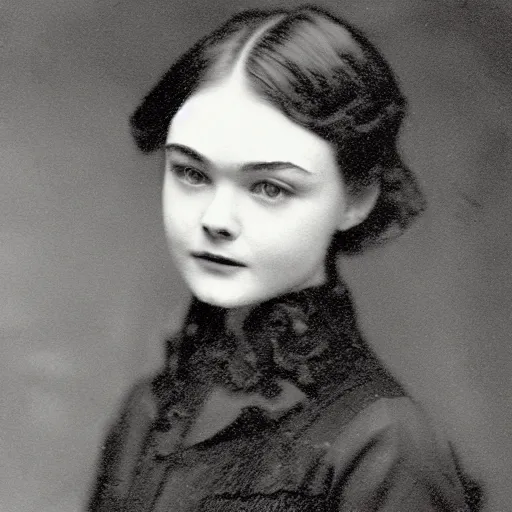 Prompt: headshot edwardian photograph of middle - aged elle fanning, realistic face, 1 9 0 0 s, 1 9 1 0 s, 1 9 2 0 s, grainy, victorian, detailed, slightly blurry