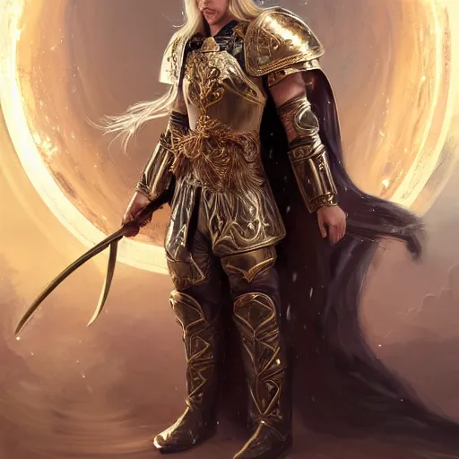 Prompt: A beautiful male cleric with long flowing blonde hair wearing burnished bronze armour emblazoned with a swan on the breastplate. Wielding a magical scimitar embossed with the phases of the moon. Magic, bright divine lighting, flux. High fantasy, digital painting, HD, 4k, detailed by Ruan Jia
