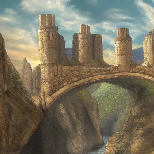 Prompt: Stone arches connection two towering citadels over a canyon, digital art, matte painting