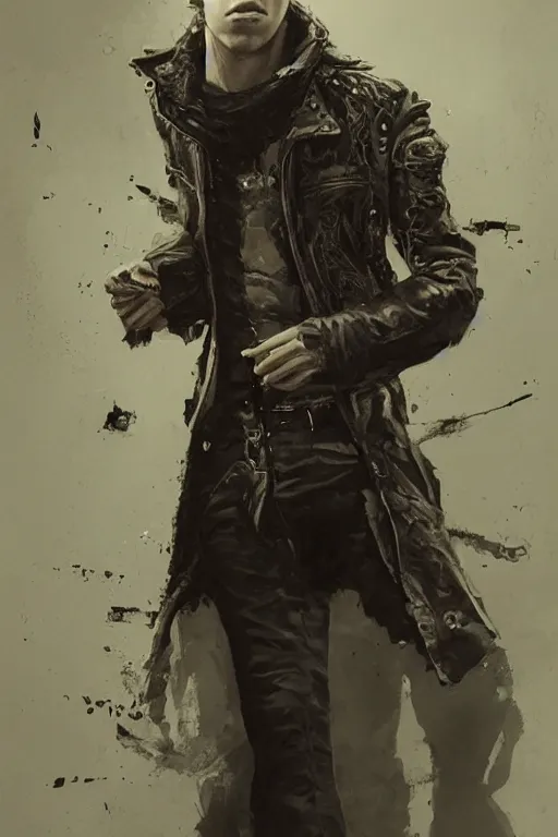 Prompt: Jesse eisenberg as a young man, shaved head, punk, tattered leather coat, intricate, elegant, dramatic lighting, highly detailed, lifelike, photorealistic, digital painting, artstation, illustration, concept art, smooth, sharp focus, art by John Collier and Albert Aublet and Krenz Cushart and Artem Demura and Alphonse Mucha