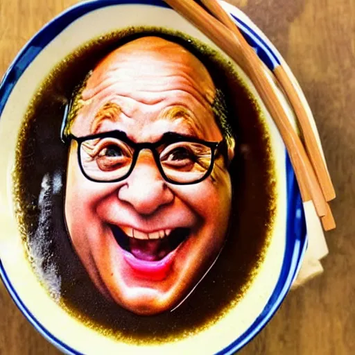 Image similar to danny devito face in a bowl of ramen