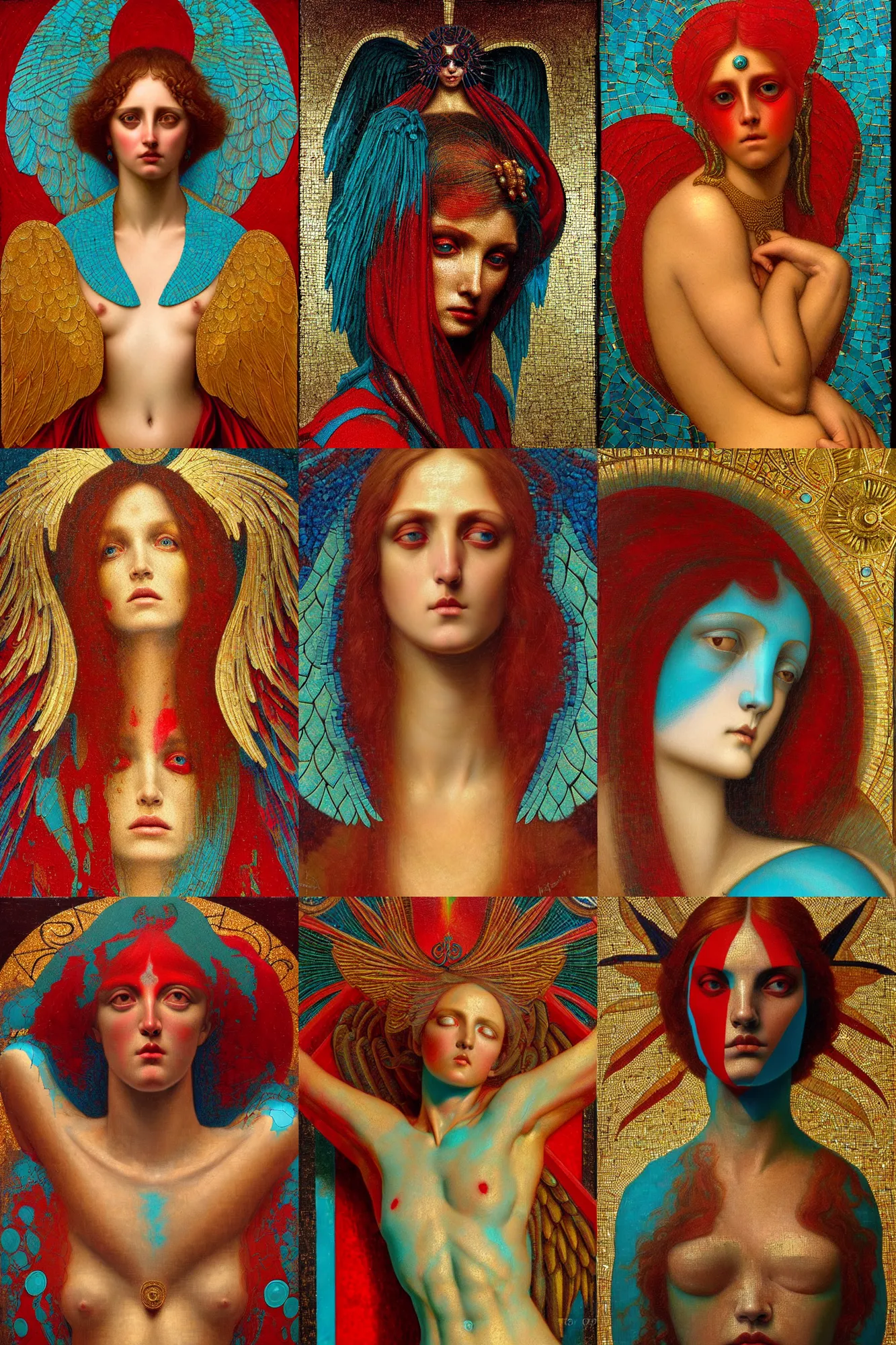 Prompt: hyper realistic geometric angel, mosaic, turquoise and red, detailed face, intrincate ornaments, gold decoration, occult art, oil painting, art noveau, in the style of roberto ferri, gustav moreau, jean delville, bussiere, saturno butto.