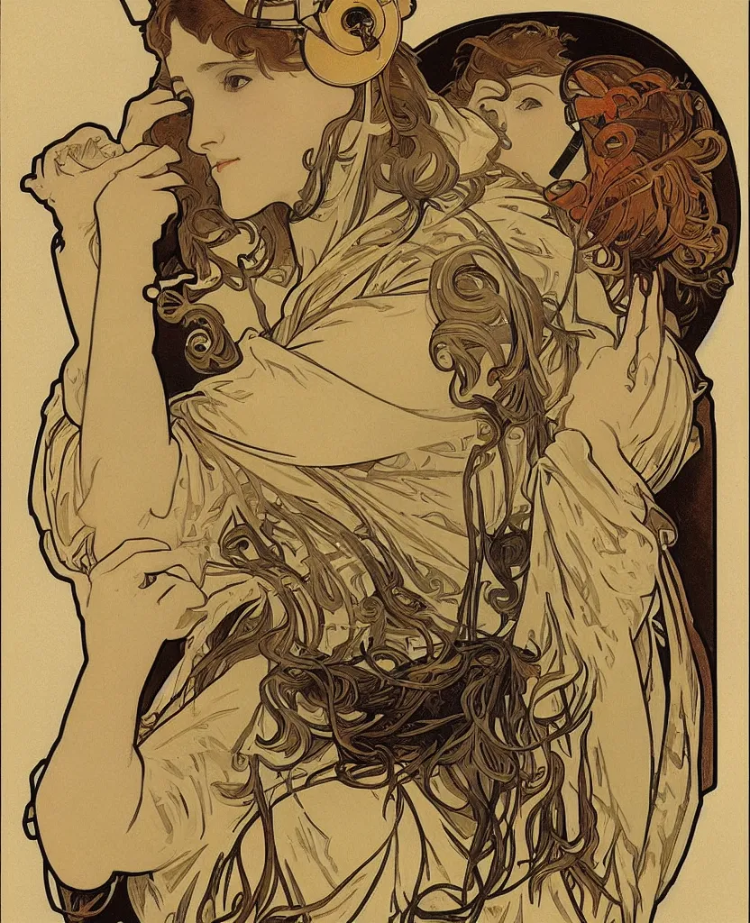 Prompt: early good morning, by alphonse mucha 1 8 9 6. pretty girl with big headphones and cozy hoodie, laptop, hot coffee, window, sunrise
