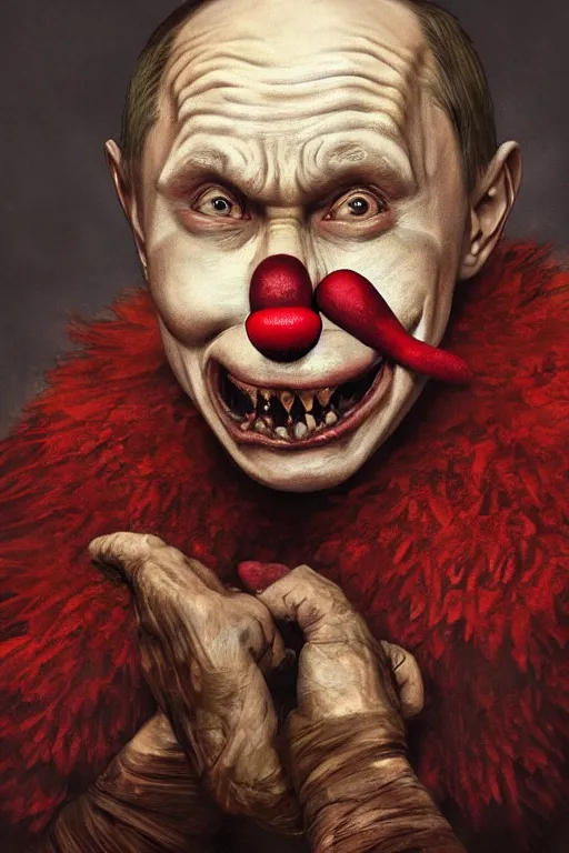 Prompt: photorealistic portrait photograph of vladimir putin as a pathetic goblinoid demon clown, kobold, upper body, fantasy, bloody, depth of field, soft focus, highly detailed, intricate, realistic, national geographic cover, soft glow, textured, artstation, concept art, sharp focus, illustration, art by artgerm and greg rutkowski and alphonse mucha