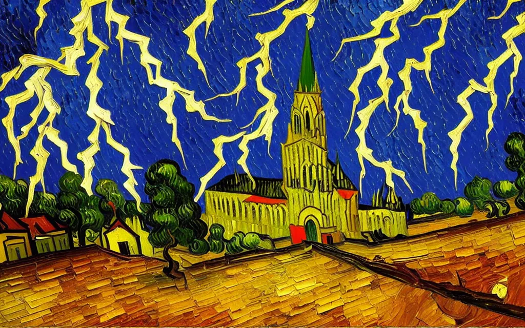 Image similar to detailed expressionist oil painting by van gogh of lightning storm over a tall gothic church, landscape painting, expressionism, 8 k resolution, smooth, sharp focus, matte painting