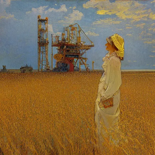 Prompt: A beautiful painting of an offshore oil rig, standing in a golden wheat field, fine art, painted by carl larsson and alphonse mucha, art deco