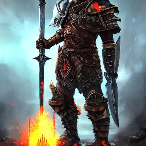 Image similar to Ares the god of war with heavy armor and sword, heavy knight helmet, dark sword in Ares's hand, war theme, bloodbath battlefield background, fiery battle coloring, hearthstone art style, epic fantasy style art, fantasy epic digital art, epic fantasy card game art