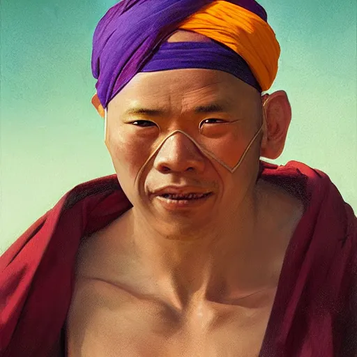 Image similar to portrait of a blindfolded monk in multicolored robes and a large straw hat, detailed face, highly detailed, cinematic lighting, digital art painting by greg rutkowski