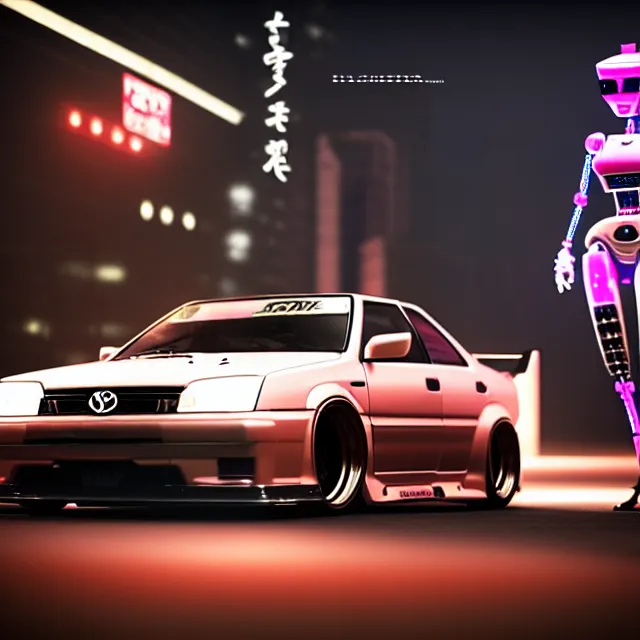 Image similar to toyota jzx 1 0 0 drift with pretty cyberpunk robot girl standing, detailed wheels, shibuya prefecture, cinematic lighting, photorealistic, night photography, octane render by tomino - sama