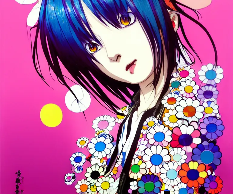 Image similar to takashi murakami, ilya kuvshinov illustration colorful anime portrait of reol sigma, murata range, fine detail, perfect anime face, dramatic lighting, dynamic composition, moody, vivid, fine stippled lighting, grain, art deco, cel shading, rich texture, yoshinari yoh, alphonse mucha, last exile