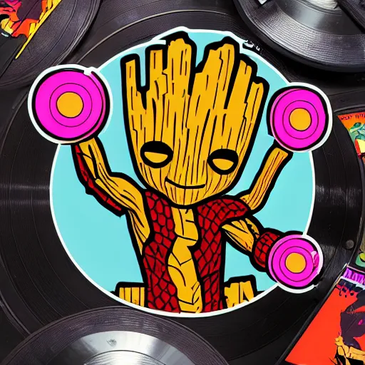 Image similar to svg sticker of a Pop-Wonder Groot-Marvel-Avenger at a rave, spinning records, giant headphones rocking out, wearing headphones, huge speakers, dancing, rave, DJ, spinning records, digital art, amazing composition, rule-of-thirds, award-winning, trending on artstation, featured on deviantart